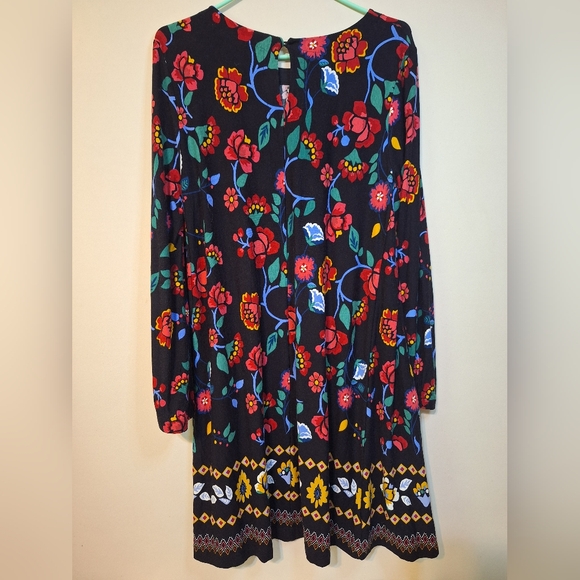 Loft M Stained Glass Floral Swing Dress Black floral longsleeve mini boho - Picture 7 of 7